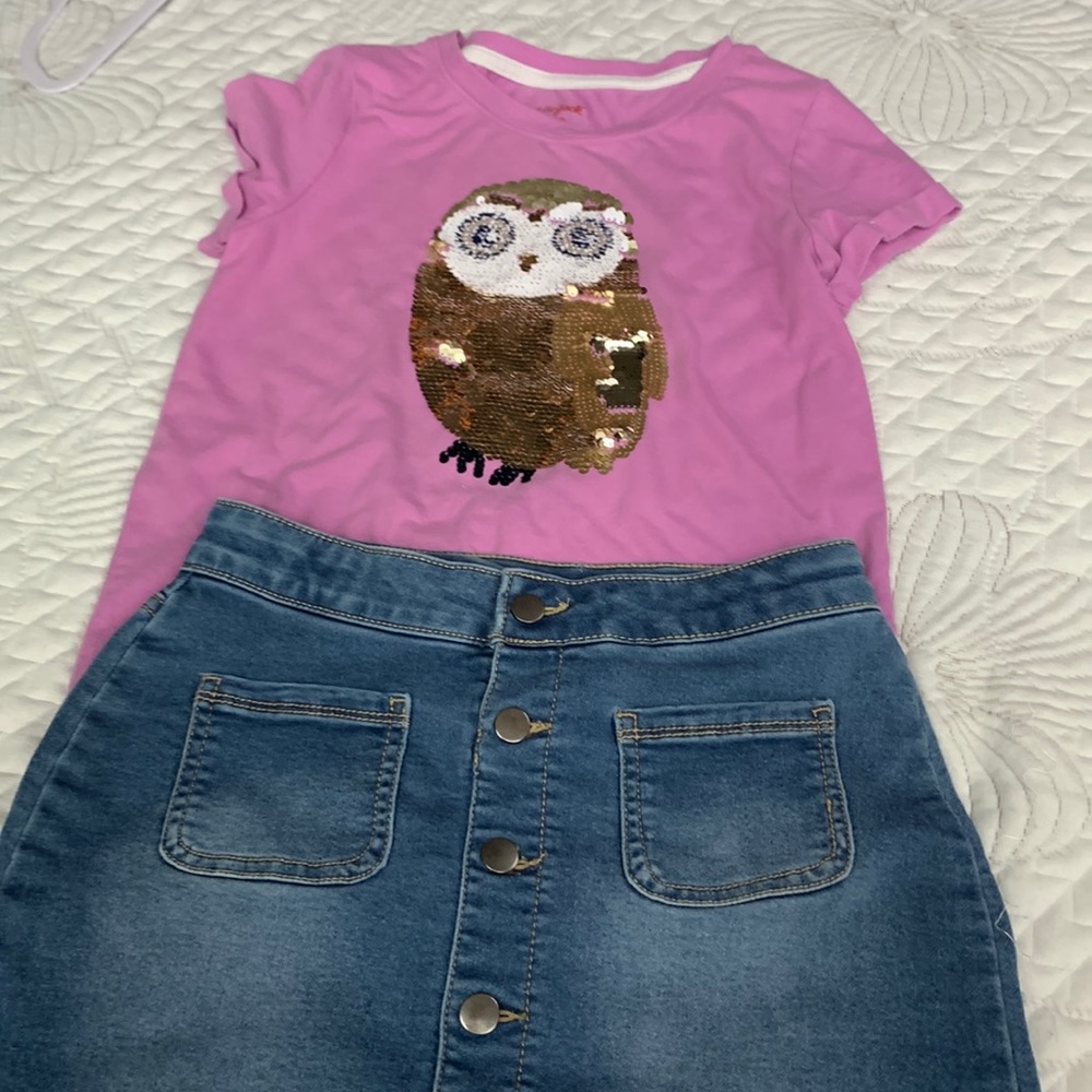 Purple top with a jean skirt